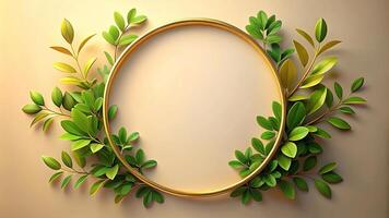 abstract background with reflection of golden circle and green leaves photo