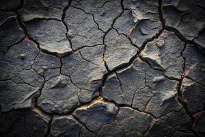 Cracked broken black rock texture background at eye level photo