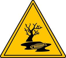 Yellow Sign Dangerous for Environment. Icon. Dried Tree and Fish Skeleton in a Puddle. Environmental pollution. Danger Warning Sign vector