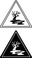 Signs Dangerous for Environment. Black and White Icons. Dried Tree and Fish Skeleton in a Puddle. Environmental pollution. Danger Warning Sign vector