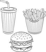 Fast Food Set for Coloring Pages. Burger, French Fries, and Glass of Soft Drink. Illustration of Delicious Food. Cafe or Restaurant Menu Design vector