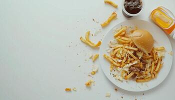 Hamburger, potato fried fried fast food waste copy space in white table photo