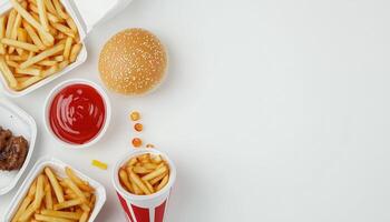 Hamburger, potato fried fried fast food waste copy space in white table photo