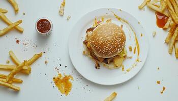 Hamburger, potato fried fried fast food waste copy space in white table photo
