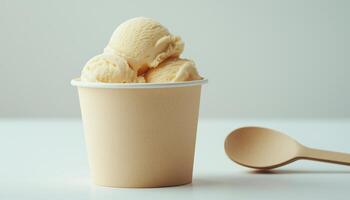 Ice cream scoop on craft paper cup disposable take away cold dessert in white table photo