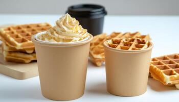 Waffle and sweet cream on paper cup disposable delivery take away order photo