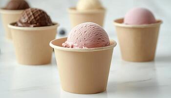 Ice cream scoop on craft paper cup disposable take away cold dessert in white table photo