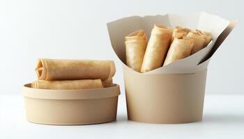 Spring roll crunchy fried snack on paper cup disposable container photo