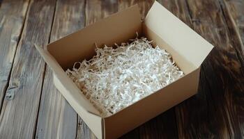 Cardboard brown box with shredded paper safety fragile product delivery shipment photo