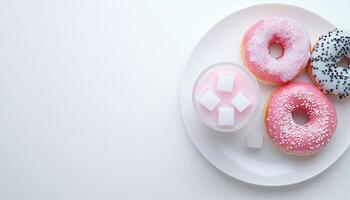 Donut and sugar cube sweet snack for party time on white plate flat lay background photo