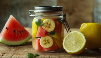 A glass jar filled with banana slices, orange and watermelon in wooden table photo