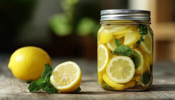 A glass jar filled lemon slices and mint in wooden table in wooden table photo