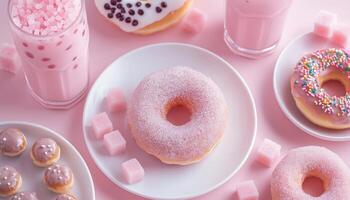 Donut and sugar cube sweet snack for party time on white plate flat lay background photo