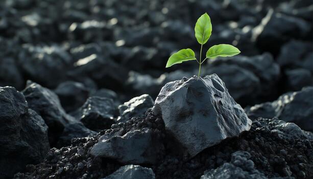Tree shoots on coal rock replant conservation theme in mining field photo