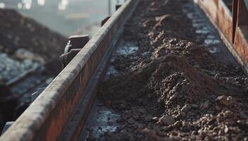 Coal rocks in conveyor bel moving transport ore material in mining industry photo