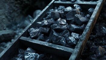 Coal rocks in conveyor bel moving transport ore material in mining industry photo