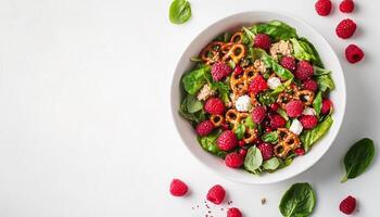 Raspberry pretzel salad sweet cream on white bowl copy space background photo