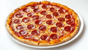 Pepperoni pizza with sausage slice, cheese and tomato, on white table photo