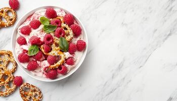 Raspberry pretzel salad sweet cream on white bowl copy space background photo
