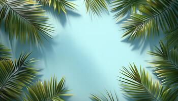 Circular arrangement palm leaves copy space isolated soft blue background photo
