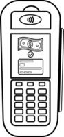 POS Terminal Processes Payment for Coloring. Online Banking Payment Machine. illustration. Credit Card and Money. NFC payment processing device vector
