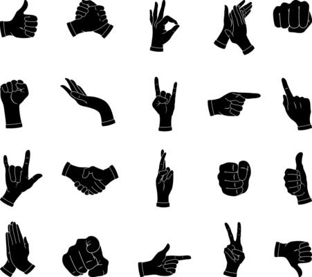 Black Icons Hand Gesture. Cartoon Human Palms and Wrists. Fist, Handshake, Prayer, Ok Sign, and others. illustration