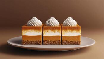 Pumpkin cheese bar slice with vanilla sweet cream topping layered white cream photo
