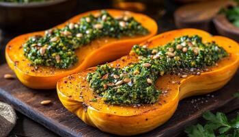Spicy butternut squash and pumpkin healthy real food with garnish dark plate photo