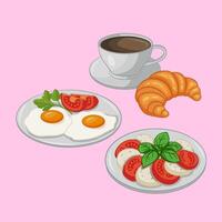 Set of Breakfast Dishes. Illustration of Coffee with Croissant, Scrambled Eggs with Tomato and Caprese Salad. Menu Design vector
