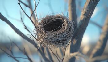twig animal nest in tree new born house habitat with blue sky blurred background photo