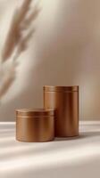 Mockup metallic gold candle tin container lighter for branding story background photo