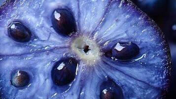 Closeup blue grape slice with seed focused on texture flesh of fruit photo
