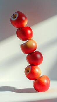 A stack of red apple slice fruit balancing on top with solid background photo