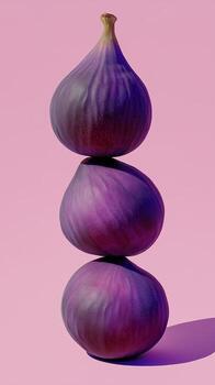 A stack of fig fruit balancing on top with solid background photo