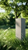 Dark background with shadow and black block stage podium story with grass photo