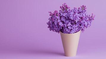 Lilac flower on brown paper wrap bouquet eco friendly package solid background photo