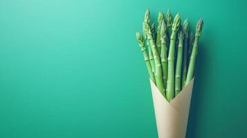 Asparagus vegetable on brown paper grocery cone bag eco friendly package blue solid background photo