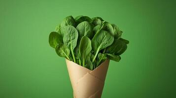 Spinach vegetable on brown paper grocery cone bag eco friendly package photo