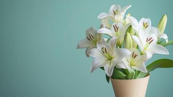 White lily on brown paper wrap bouquet eco friendly package solid background photo