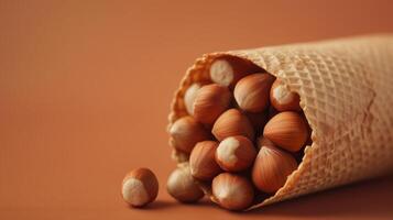 Hazelnuts on brown paper wrapped eco friendly container photo