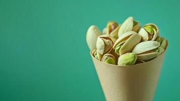 Pistachios on brown paper wrapped eco friendly container photo