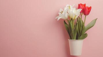 White lily and red tuilip flower on paper bouquet no plastic disposable container photo