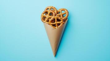 Pretzel wrapped on brown paper cone wrapped copy space background photo