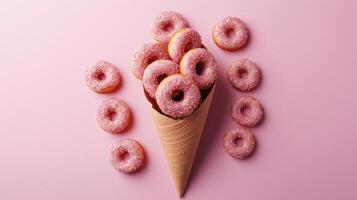 Donut waffle wrapped with topping strawberry on waffle flat cone wrapped copy space background photo