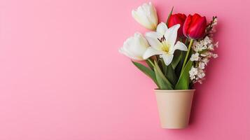 White lily and red tuilip flower on paper bouquet no plastic disposable container photo