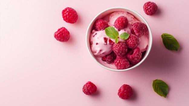 Raspberry fruit jam on paper basket container delivery take away, flat lay copy space photo