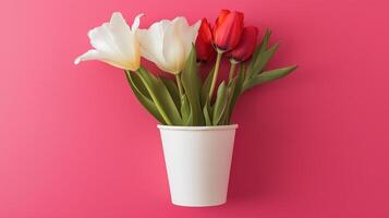White lily and red tuilip flower on paper bouquet no plastic disposable container photo