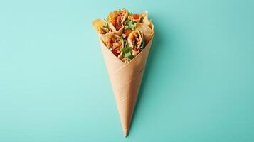 Buritto with vegetable and flat bread on paper wrapped delivery copy space background photo