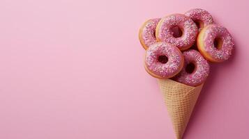 Donut waffle wrapped with topping strawberry on waffle flat cone wrapped copy space background photo