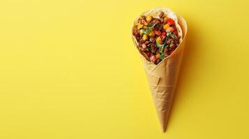 Buritto with vegetable and flat bread on paper wrapped delivery copy space background photo
